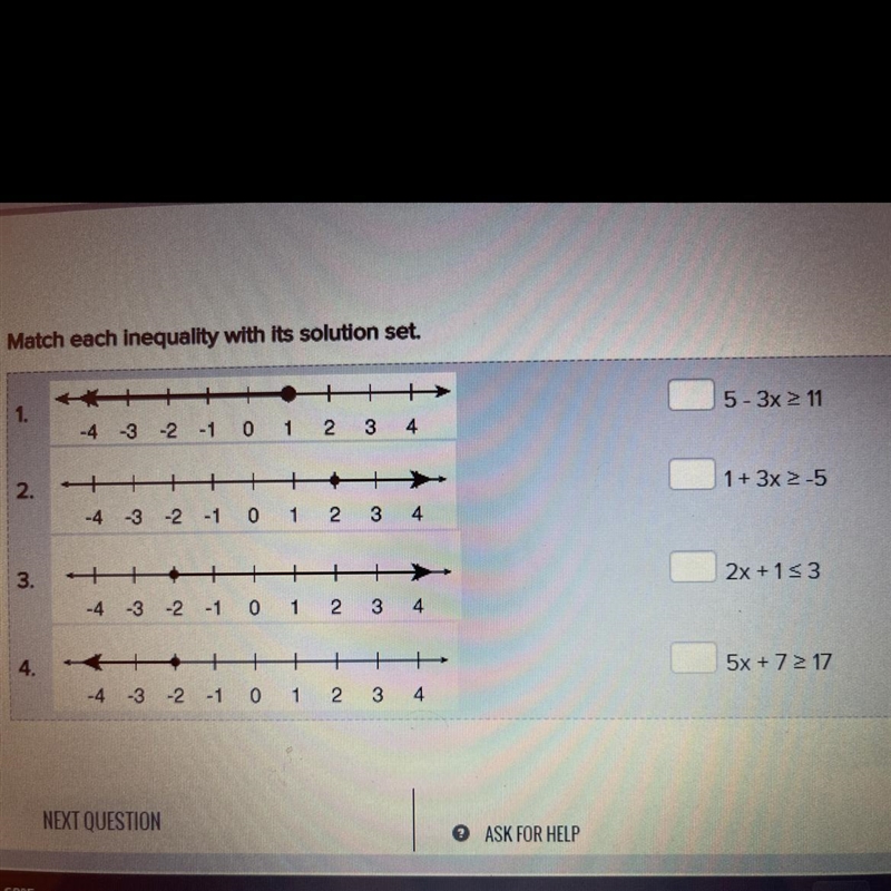 Match each inequality with its solution set. 1. 3. + -4 -3 -2 -1 0 1 2 3 4 2. + 4. + -4 -3 -2 -1 0 1 2 3 4 ++ -4 -3 -2 -1 0 1 2 3 4 + -4 -3 -2 -1 0 1 2 3 + 4 5-3x-example-1