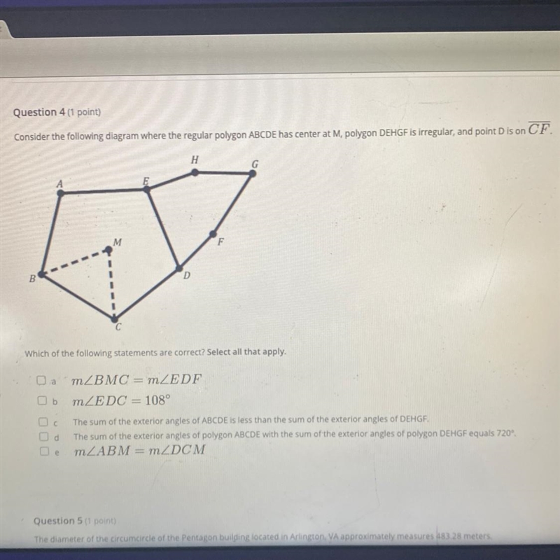 Please help! Consider the following diagram where the regular polygon ABCDE has center-example-1