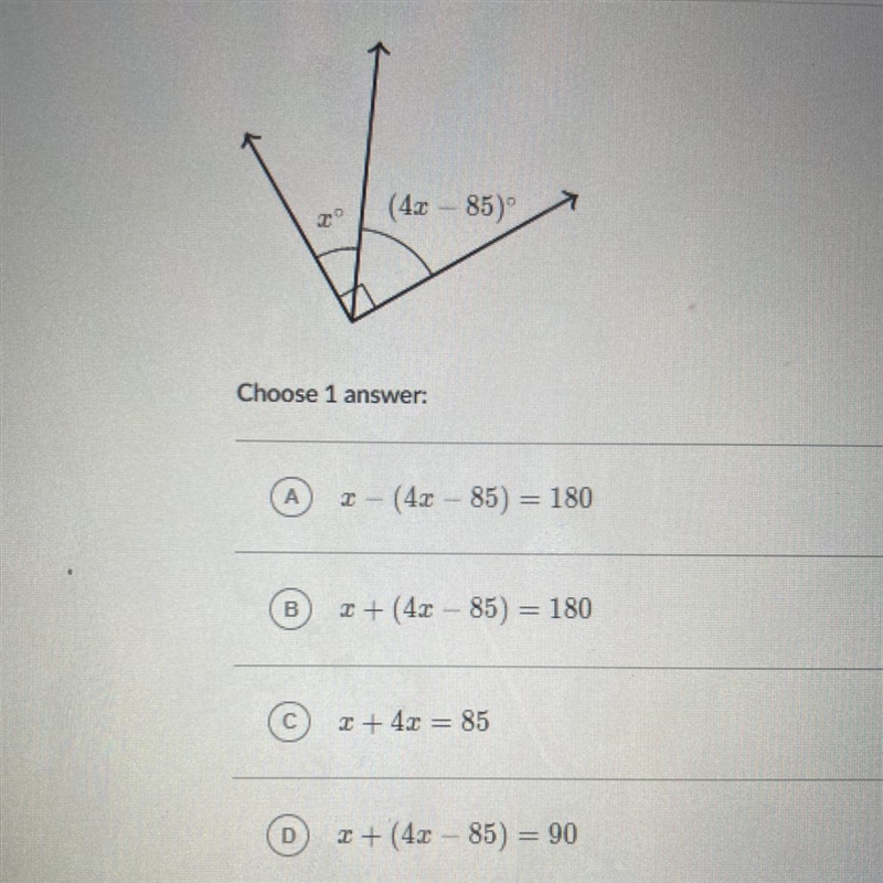 (4.2 - 85) Choose 1 answer: A I - (4x85) = 180 - B 2 + (40 - 85) = 180 4x © r + 4.1 = 85 с-example-1