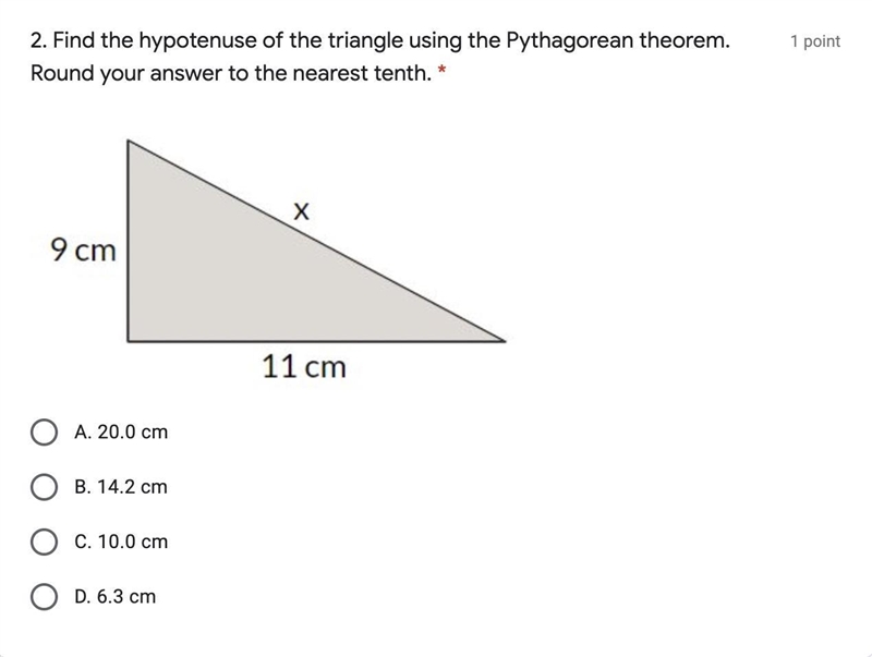 Find the hypotenuse of the triangle using the Pythagorean theorem. Round your answer-example-1