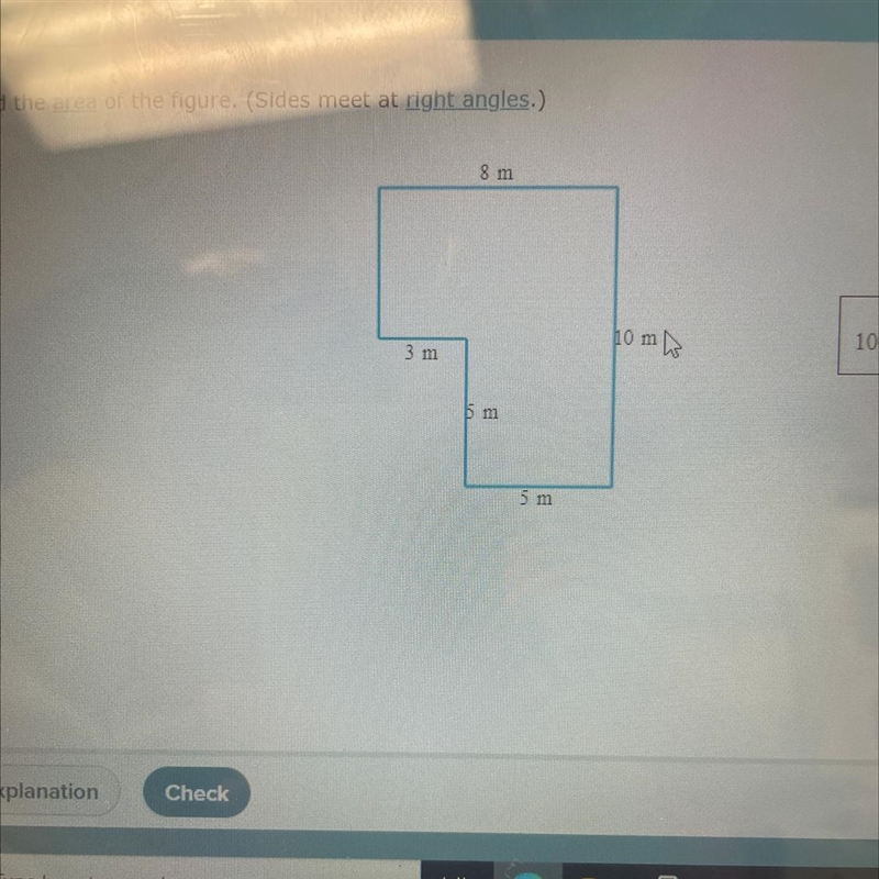 Find the area of the figure. (Sides meet at right angles.) 3 m 8 m 5 m 5 m 10 m-example-1