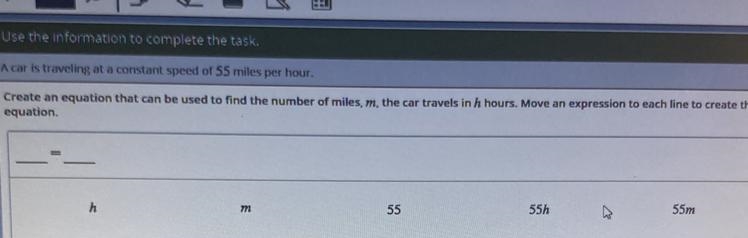 A car is traveling at a constant speed at 55 mph create an equation that can be used-example-1