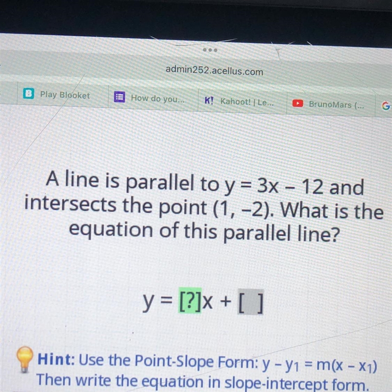 A line is parallel to y = 3x - 12 and intersects the point (1, -2). What is the equation-example-1