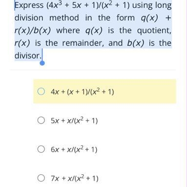 Express (4x3 + 5x + 1)/(x2 + 1) using long division method in the form q(x) + r(x-example-1