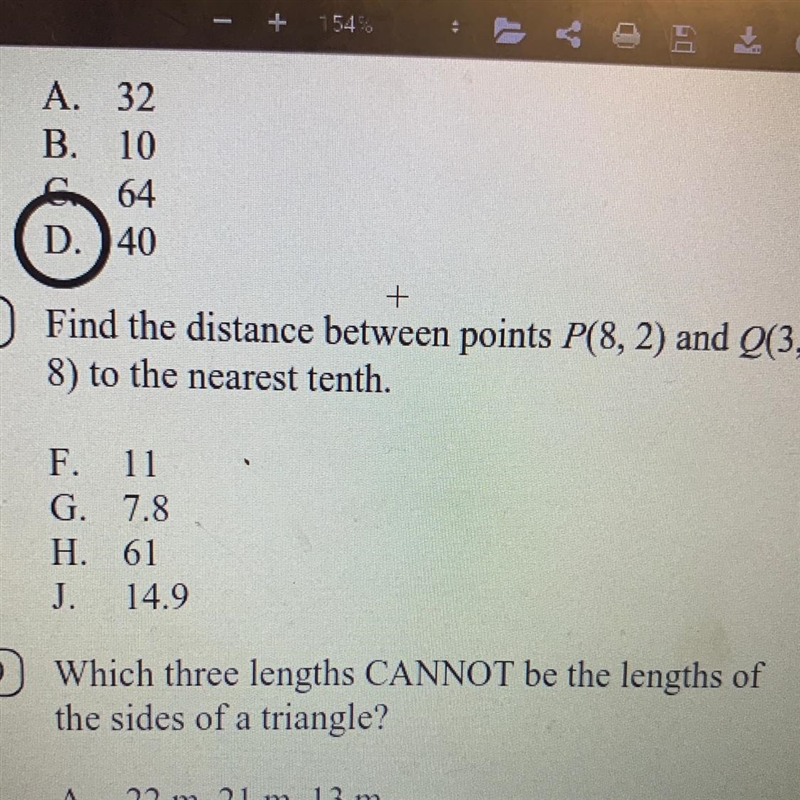 8 1 F. 11 G. 7.8 H. 61 J. 14.9 + 154% Find the distance between points P(8, 2) and-example-1