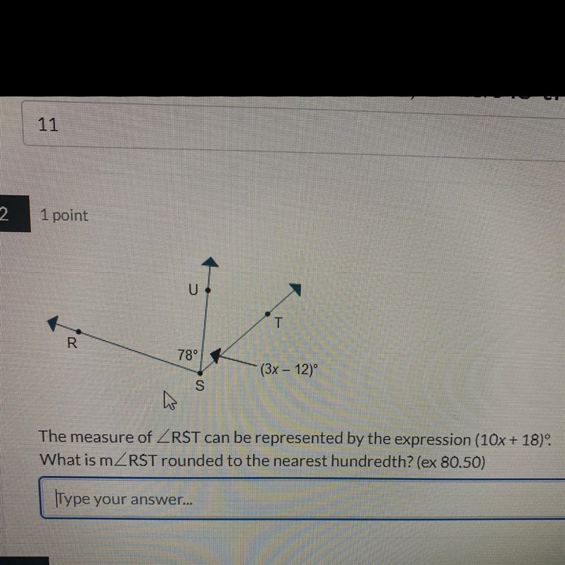 The measure of RST can be represented by the expression (10x+18). What is m RST rounded-example-1