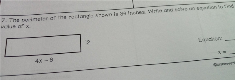 The perimeter of thr rectangle shown is 36 inches. Write and solve an equation to-example-1