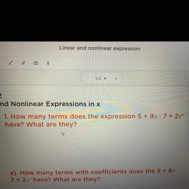 1. How many terms does the expression 5 + 9x · 7 + 2xº have? What are they?-example-1