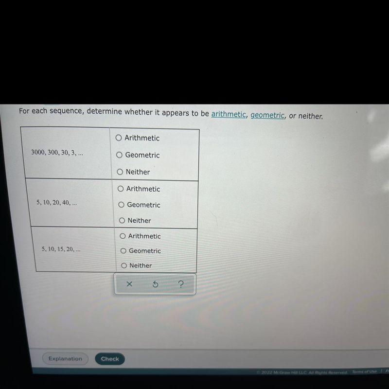 PLS HELP!!!!For each sequence determine whether appears to be a ARITHMETIC or GEOMATRIC-example-1