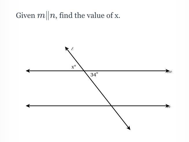 Given m∥n, find the value of x. 34°.-example-1