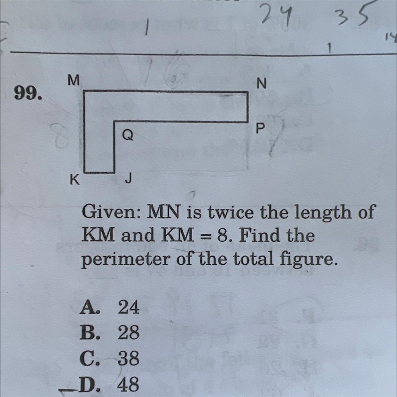 Given: MN is twice the length of KM and KM = 8. Find the perimeter of the total figure-example-1