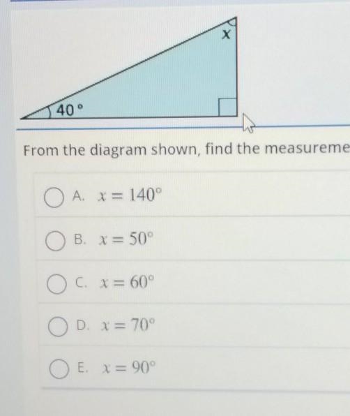 From the diagram shown, find the measurement of the indicated angle.​-example-1