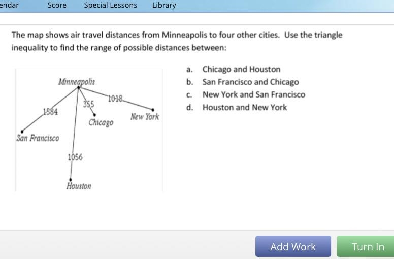 Triangles in Real World.. The map shows air travel distances from Minneapolis to four-example-1