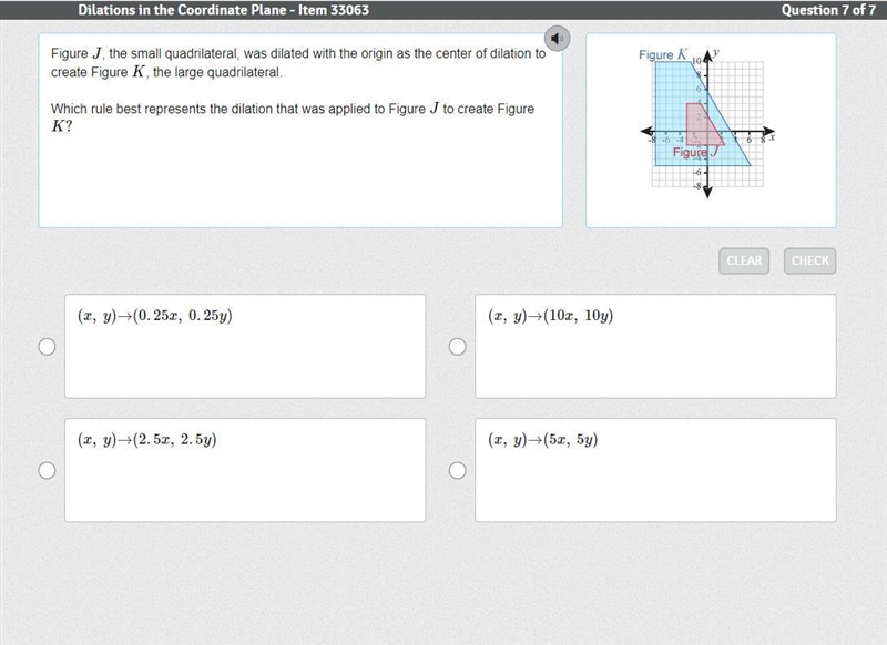 Figure J, the small quadrilateral, was dilated with the origin as the center of dilation-example-1