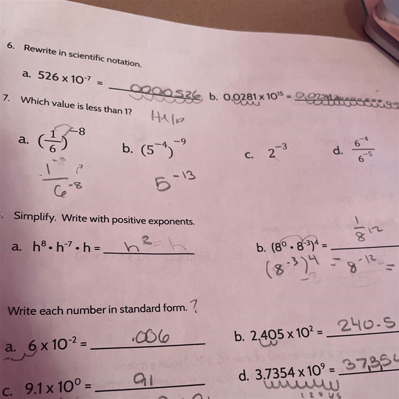 Please only help me with number 7. which value is less than 1? a (1/6)^-8 b (5^-4)^-9 c-example-1