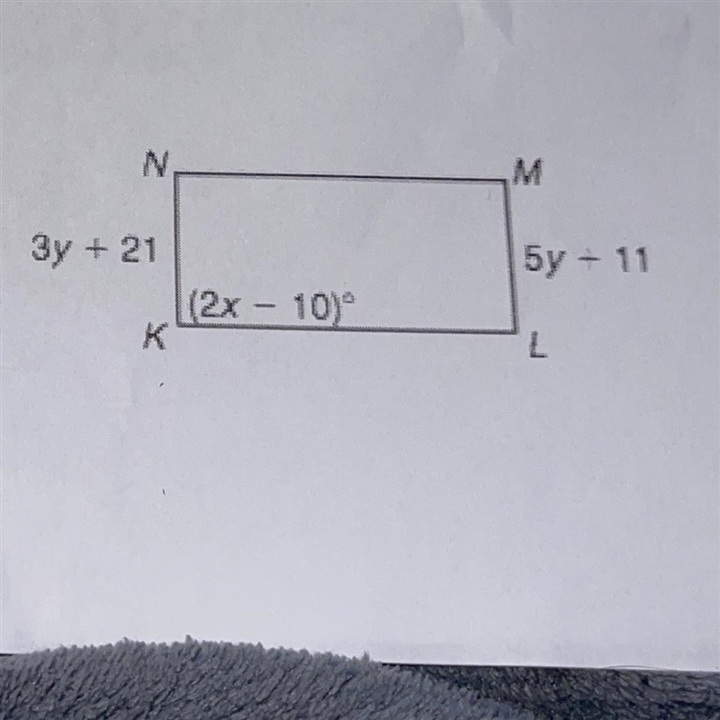 KNML is a rectangle. Find the value of x and y-example-1