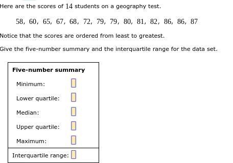 Here are the scores of 14 students on a geography test. 58, 60, 65, 67, 68, 72, 79, 79, 80, 81, 82, 86, 86, 87 Notice-example-1