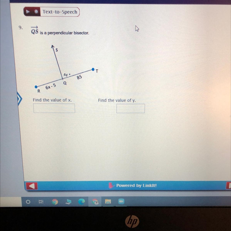 PLEASE HELP NOW!: QS is a perpendicular bisector.Find the value of x.Find the value-example-1