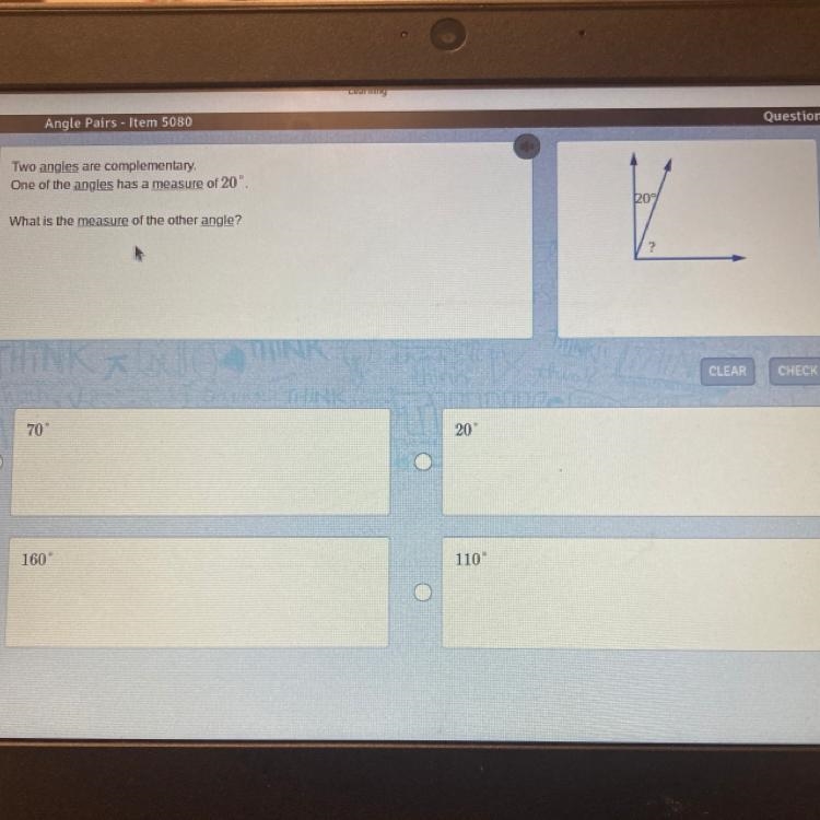 Two angles are complementary. One of the angles has a measure of 20°. What is the-example-1