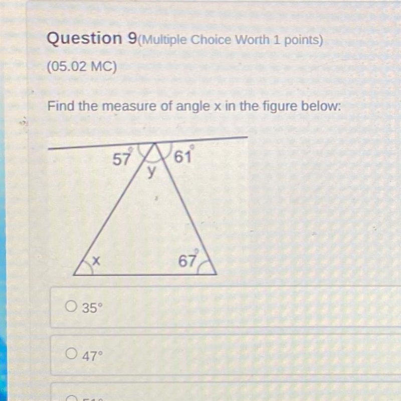 Find the measure of angle x in the figure below 57 61 67-example-1