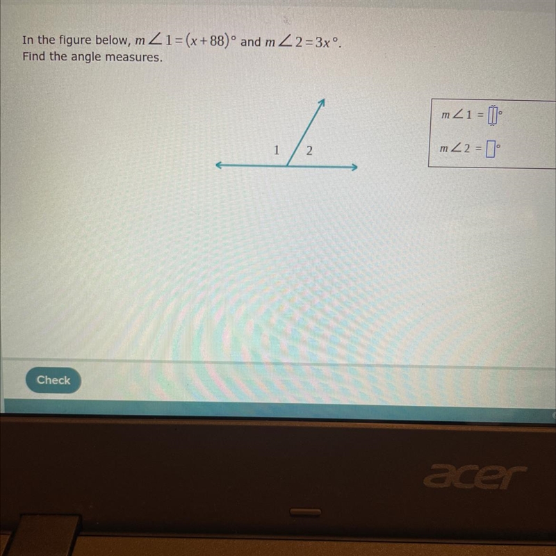 In the figure below, m Z1=(x+88)° and m2=3x°. Find the angle measures. J 1 2 m21= m-example-1