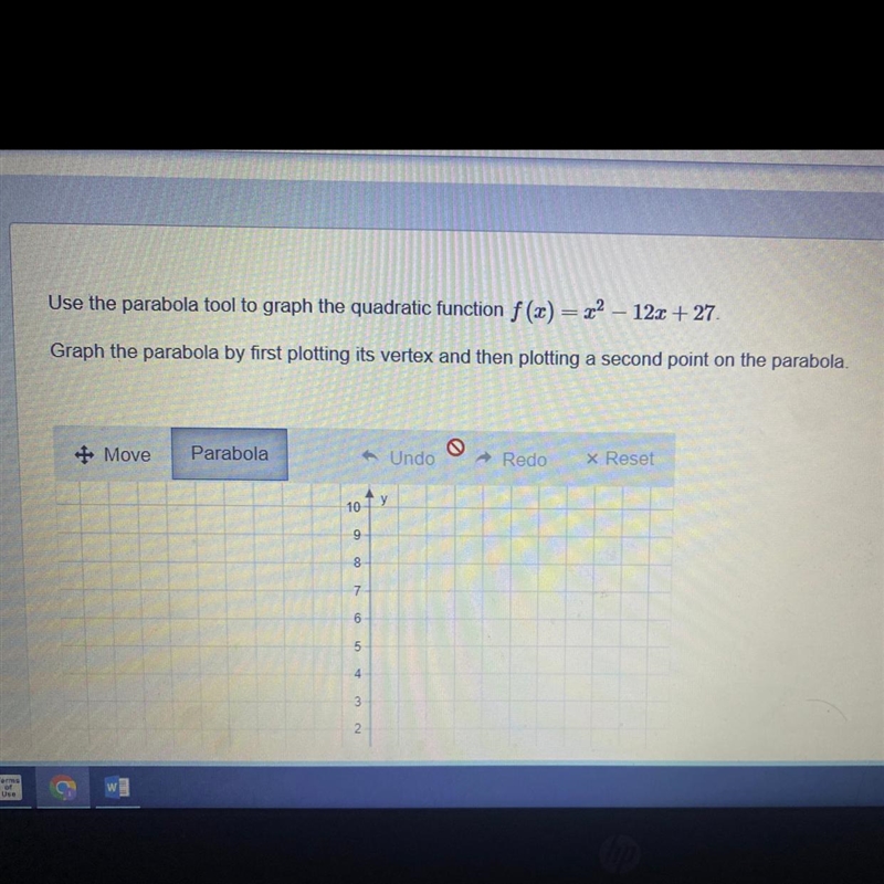 Use the parabola tool to graph the quadratic function f (X) =x2 - 12x +27-example-1