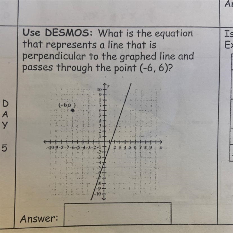 Use DESMOS: What is the equation that represents a line that is perpendicular to the-example-1