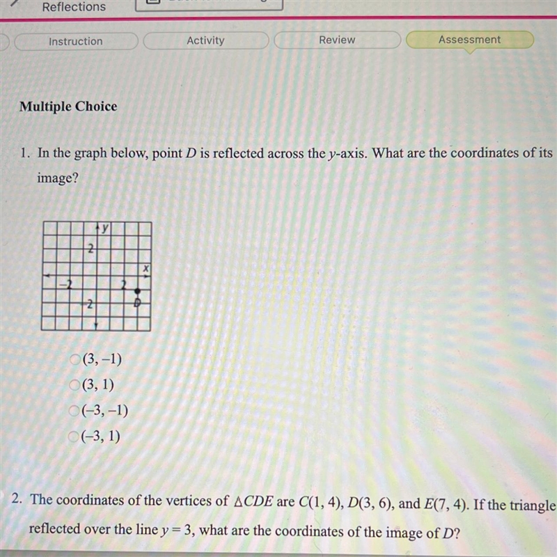 1. In the graph below, point D is reflected across the y-axis. What are the coordinates-example-1