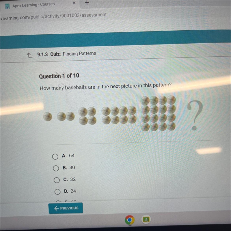 How many baseballs are in the next picture in this pattern? A. 64 B. 30 C. 32 D. 24 E-example-1