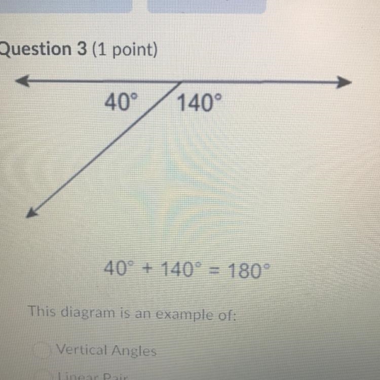 This diagram is an example of: Vertical Angles Linear Pair Complementary Angles Horizontal-example-1