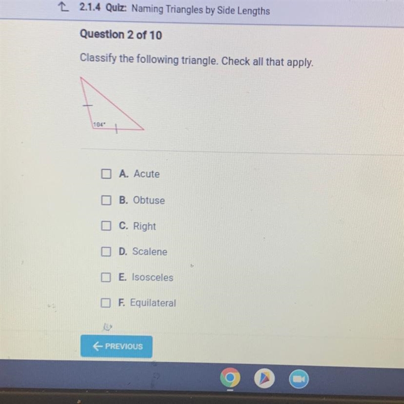 Question 2 of 10Classify the following triangle. Check all that apply.-example-1