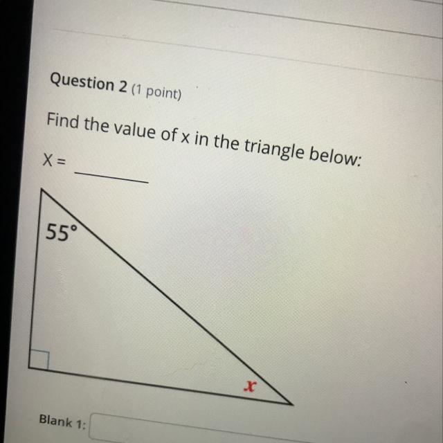 Find the value of x in the triangle below: X = 55° Blank 1: X please hurry-example-1