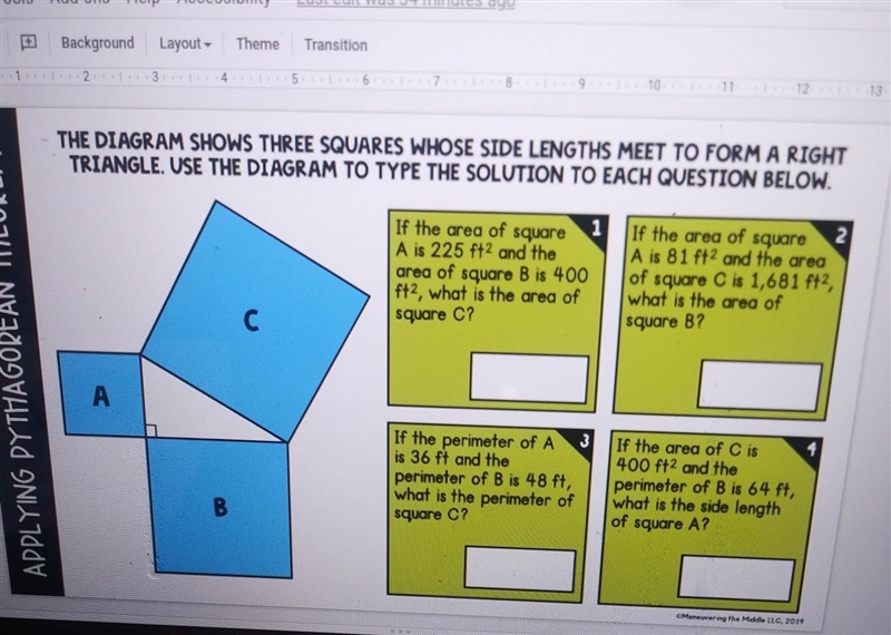 BERE 6 1011 THE DIAGRAM SHOWS THREE SQUARES WHOSE SIDE LENGTHS MEET TO FORM A RIGHT-example-1