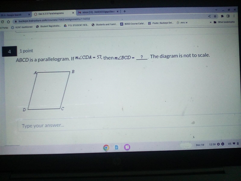 Please help! ABCD is a parallelogram if CDA equals 57 then what does BCD =?-example-1