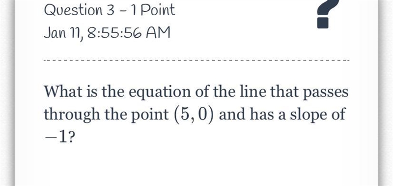 What is the equation of the line that passes through the point (5, 0) and has a slope-example-1