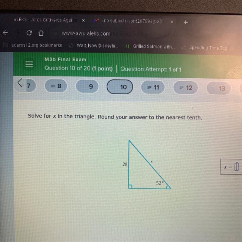 Solve for x in the triangle. Round your answer to the nearest tenth. 20 X 52° X =-example-1