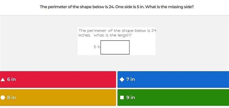 The perimeter of the shape below is 24. One side is 5 in. What is the missing side-example-1