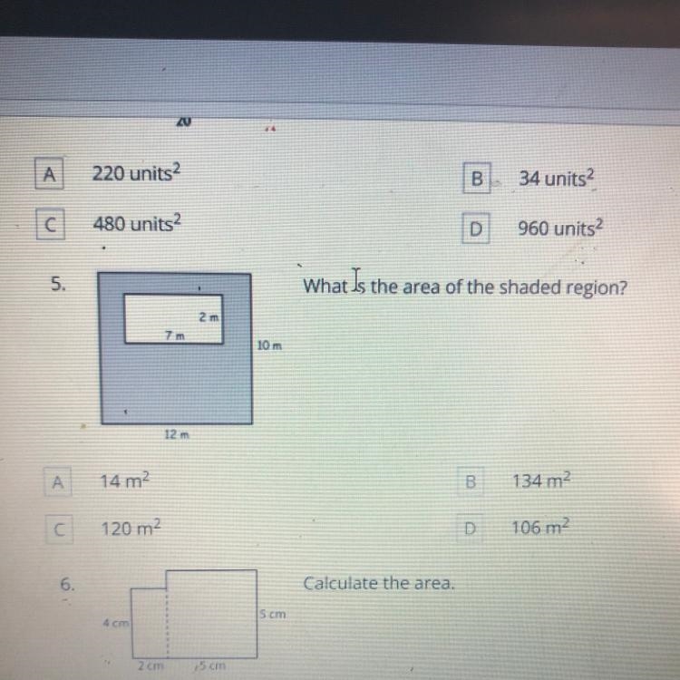 5. What is the area of the shaded region? 10 m 12 1 14 m2 134 m2 C 120 m- D 106 m-example-1