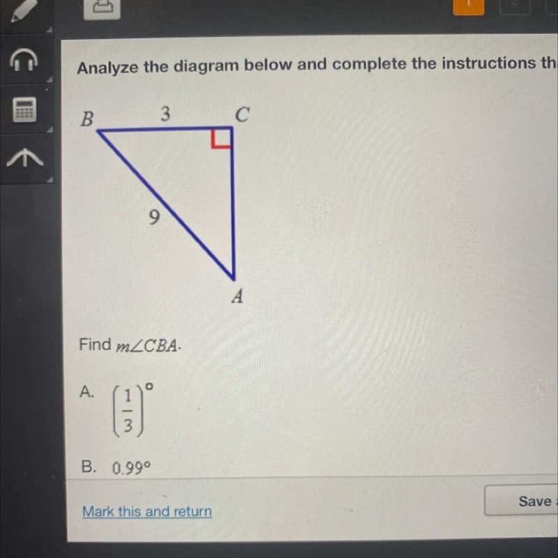 Find m A.(1/3)° B. 0.99° C. 1.23° D. 70.53°-example-1