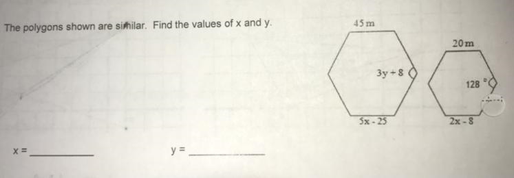 Geometry problem in the picture, The polygons shown are similar find the values of-example-1