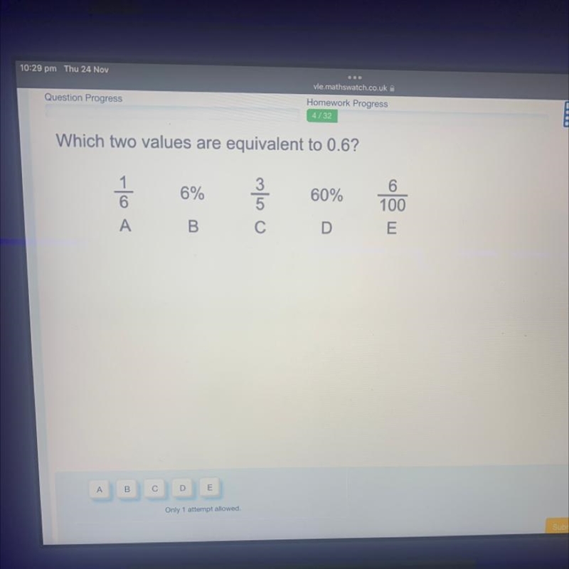 Which two values are equivalent to 0.6? 1/6 6% 3/5 60% 6/100-example-1