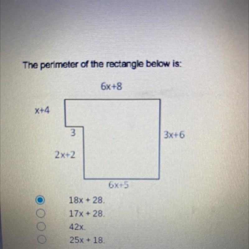 The perimeter of the rectangle below is: A.18x + 28. B.17x + 28. C.42x. D.25x + 18-example-1