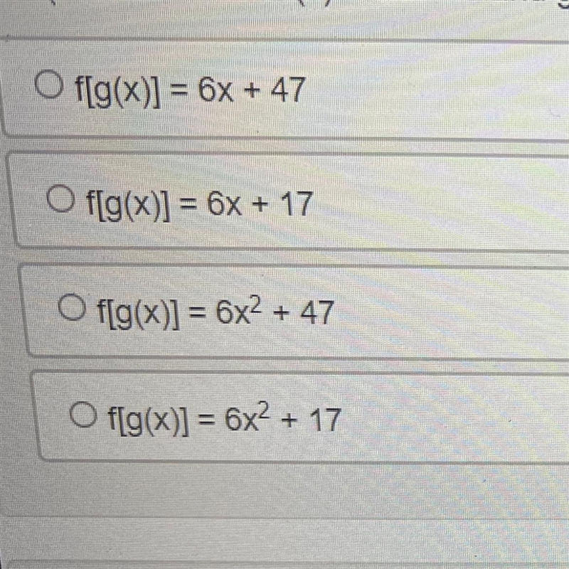 Given the functions: f(x) = 6x + 11 and g(x) = x + 6, which of the following represents-example-1