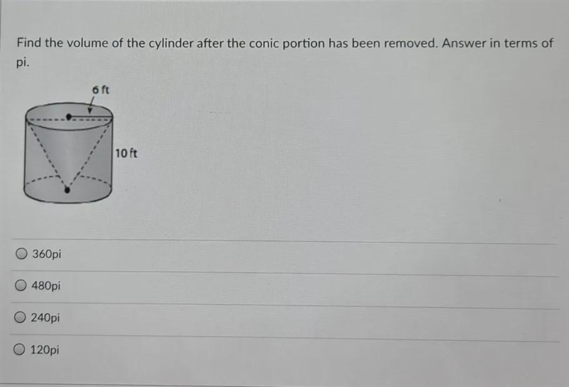 Find the volume of the cylinder after the conic portion has Ben removed.Answer in-example-1