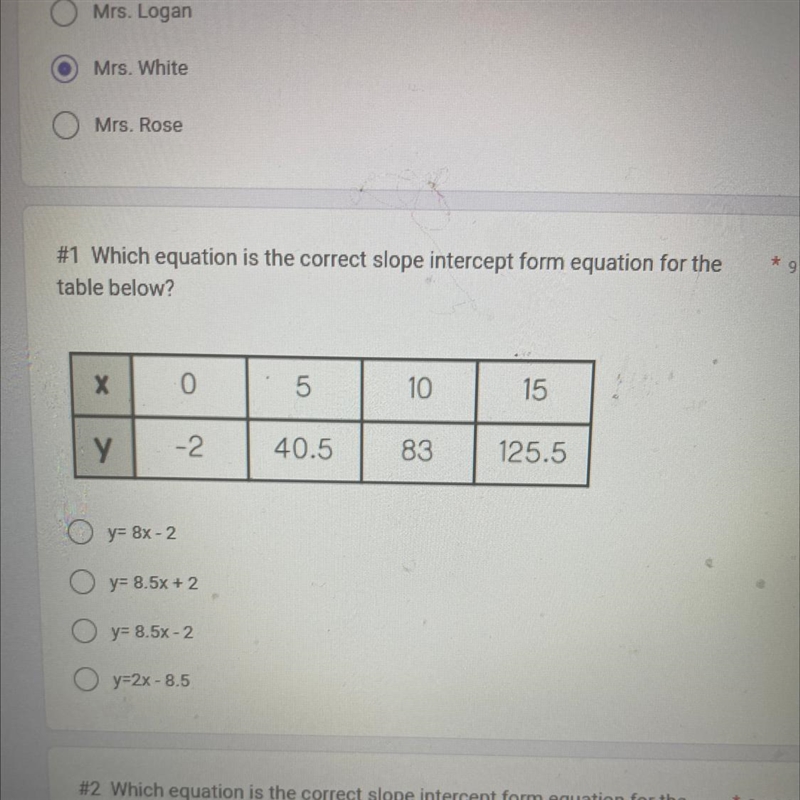 #1 Which equation is the correct stope intercept form equation for the table below-example-1