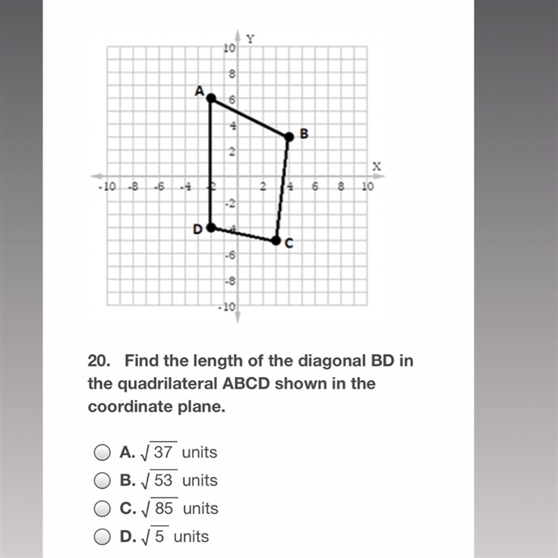 Find the length of the diagonal BD in the quadrilateral ABCD shown in the coordinate-example-1