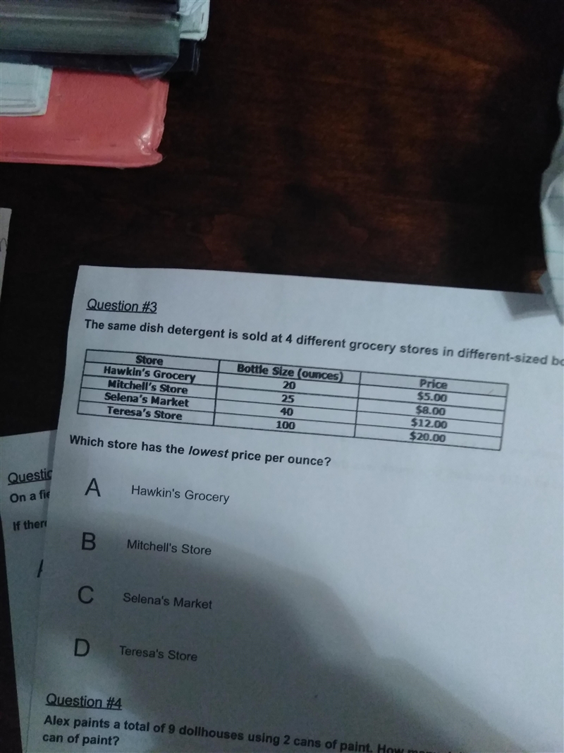 Question #3 The same dish detergent is sold at 4 different grocery stores in different-example-1