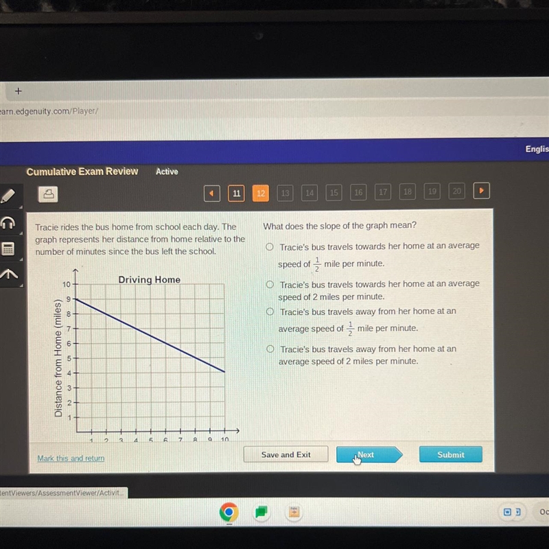 Tracie rides the bus home from school each day. The graph represents her distance-example-1