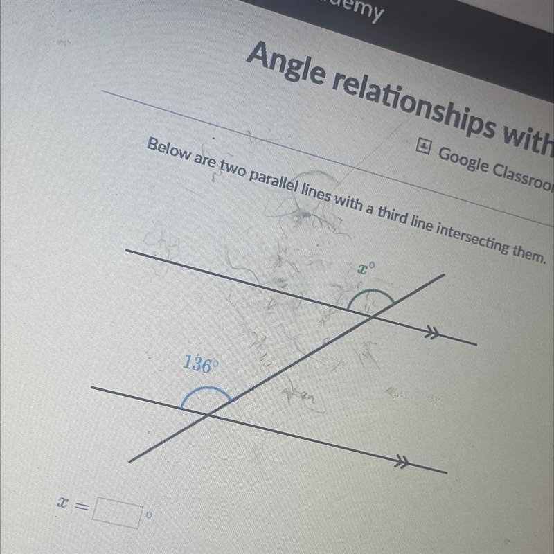 Below are two parallel lines with a third line intersecting them. x = 136-example-1