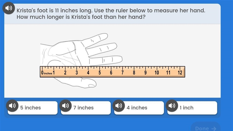 Kira's foot is 11 inches long. Use the ruler below the measure her hand. How much-example-1